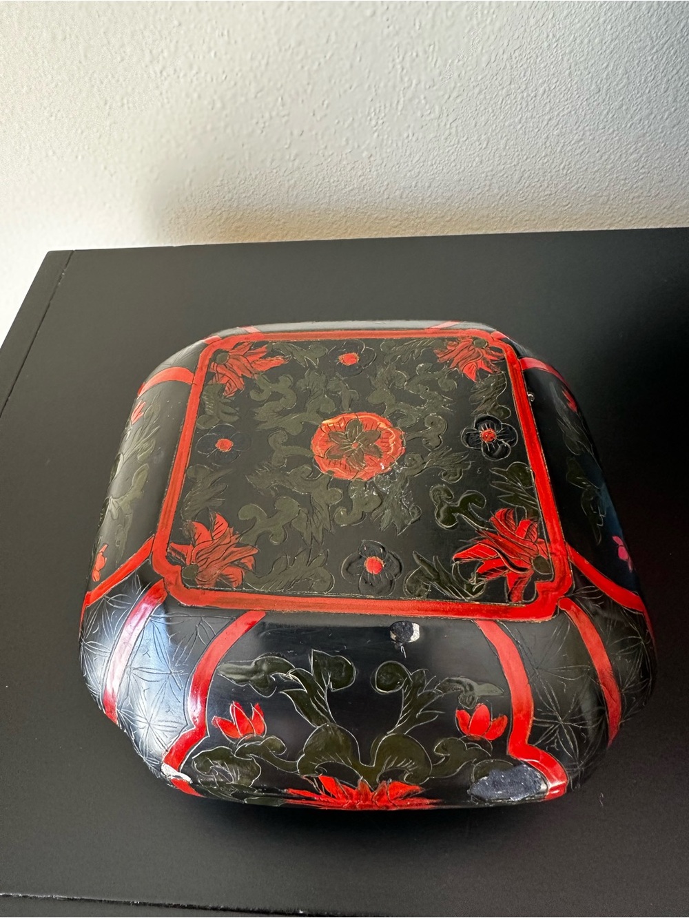 Vintage Chinese Carved Lacquer Lotus Box Papier Mache As-Is